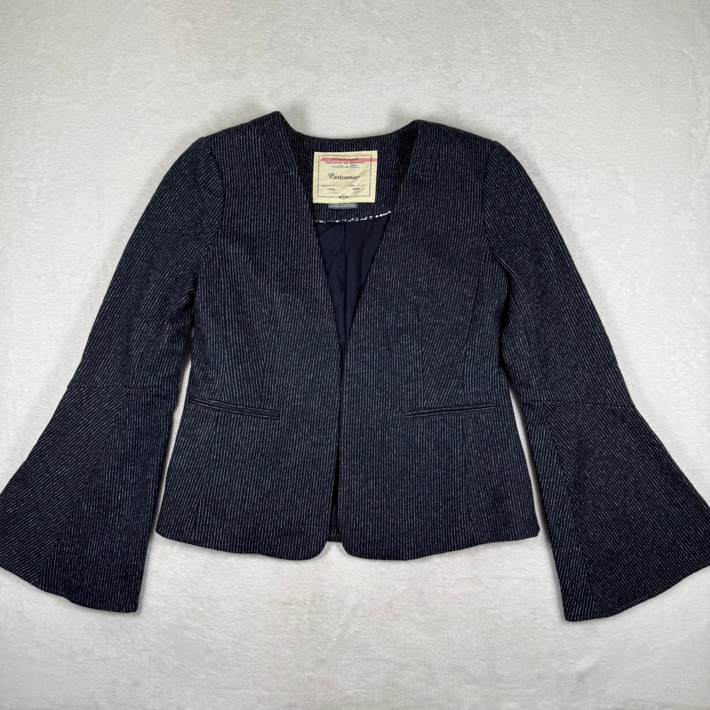Cartonnier Anthropologie Navy Pinstripe Wool Blend Bell Sleeve Blazer Jacket 4‎